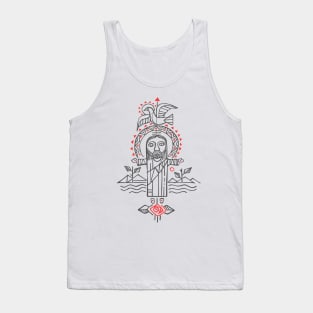 Jesus Christ with open arms and symbols illustration Tank Top